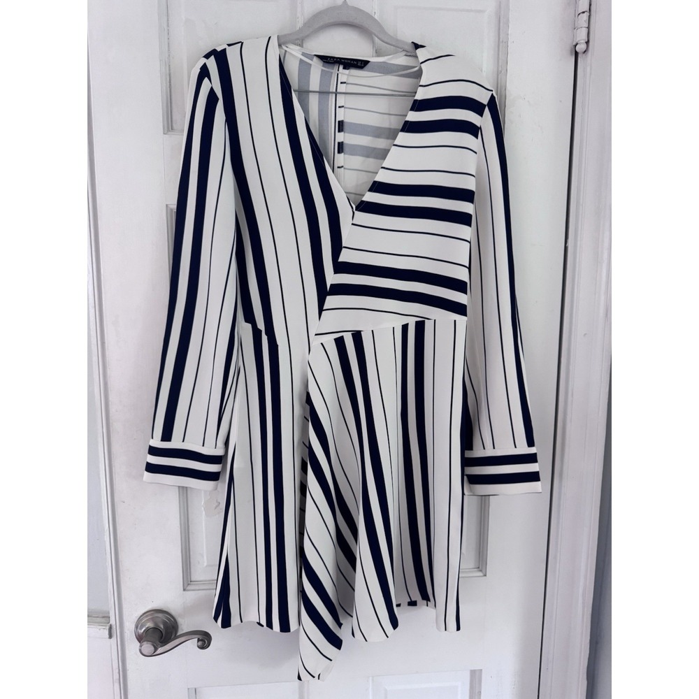 Zara Striped Wrap Dress Blue White Asymmetrical Women's S Parisian Preppy‎